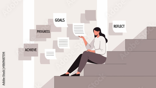Woman sitting on stairs reviewing goals and progress for achievement and reflection