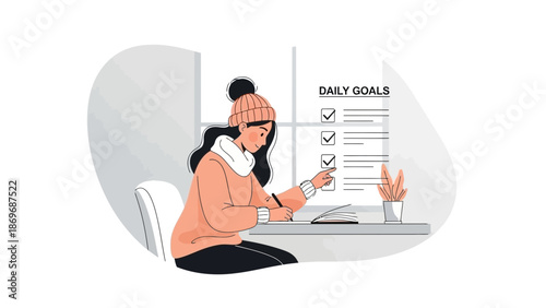 Woman Setting Daily Goals and Checking Tasks List, Planning and Productivity Concept
