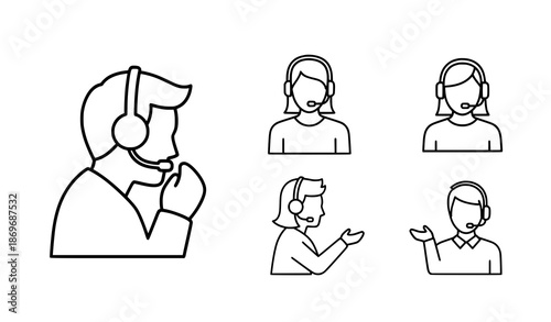 Customer support headset icons black and white line art vector illustration for communication concept
