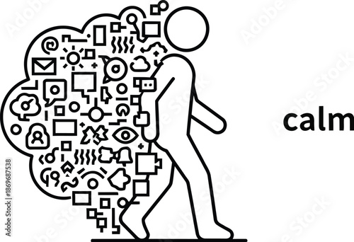 A person remains calm while carrying a large thought bubble full of various icons and symbols.
