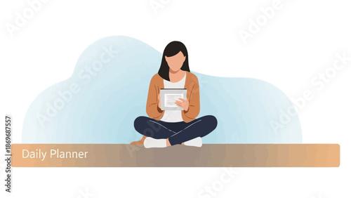 Woman Using Daily Planner Tablet, Sitting Cross-legged, Organized Life Concept