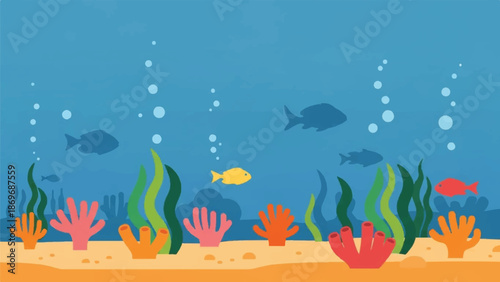 Underwater scene with fish and coral on the ocean floor viewed from above