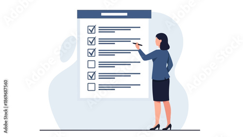 Woman ticking checklist on whiteboard, planning, organizing, to-do list, business concept