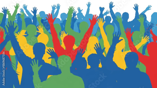 Crowd of people with raised hands in various colors standing together in a vibrant scene