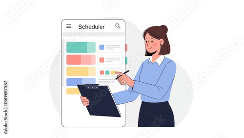 Woman using digital scheduler app on phone, managing tasks and appointments