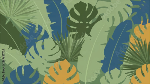 Vibrant Tropical Leaves Pattern in Various Shades of Green and Blue with Yellow Accents