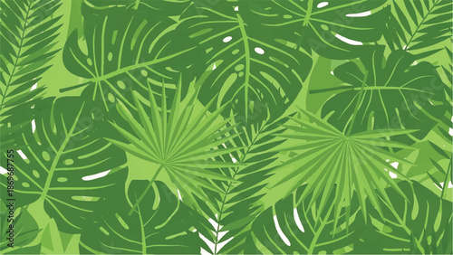 A vibrant display of tropical leaves in a lush green environment viewed from above