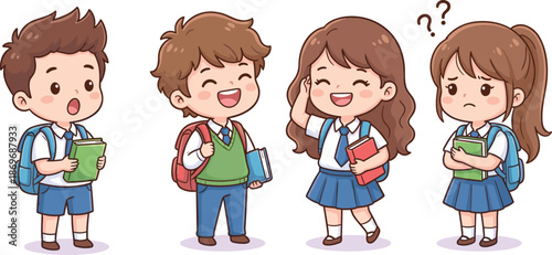 Cute school children cartoon illustration set, happy students with backpacks books emotions, education characters isolated white background design
