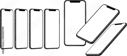 Smartphone mockup set with blank screen mobile phone frames in different angles isolated on white background vector