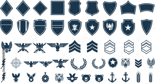 Military and heraldic emblem vector set with shields ranks eagles badges laurel wreaths and insignia symbols