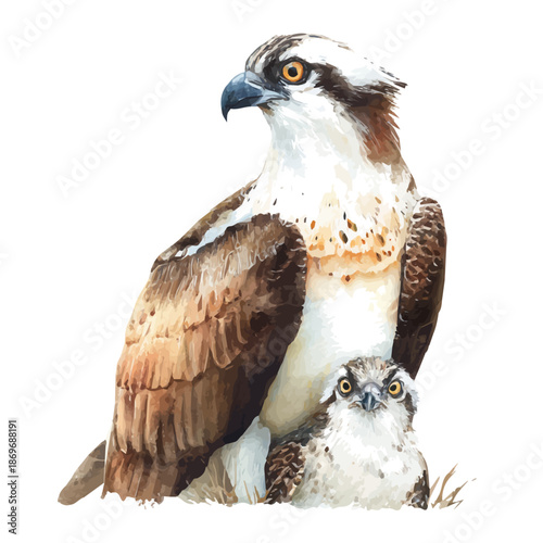 Tableau sur toile Osprey With Its Baby in watercolor style, vector illustration, isolated on white background