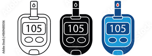 Blood sugar test icon set. Glucose monitor, glucometer pharmacy, testing strip diabetes, chronic, treatment vector symbol. Vector illustration.