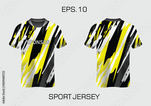 Eye-catching abstract sport jersey design featuring bold black, yellow, and white stripes