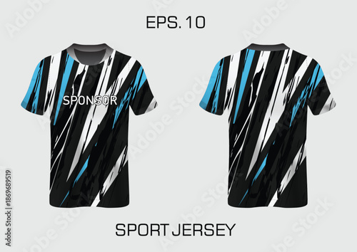 Dynamic Sport Jersey Design Featuring Bold Stripes and Sponsor Branding in Black and Blue