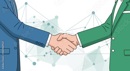 Two businessmen shaking hands in front of a network connection background representing partnership and agreement with handshake and teamwork