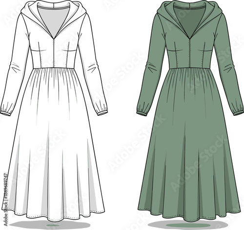 Women Hooded Long Dress Fashion Technical Illustration Set, Casual Zip Up Maxi Dress Apparel Design Vector