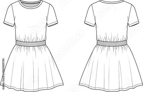 Women Short Sleeve Casual Dress Fashion Technical Sketch Illustration, Simple T Shirt Style Midi Dress Front Back Vector