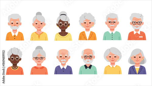 Diverse set of senior people avatars collection of elderly portraits.