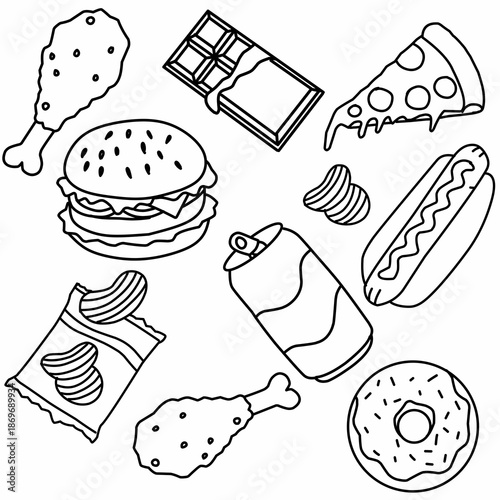 fast food Junk Meals Collection Pizza, burger, soda, hot dog, donut Perfect for menu or food package design