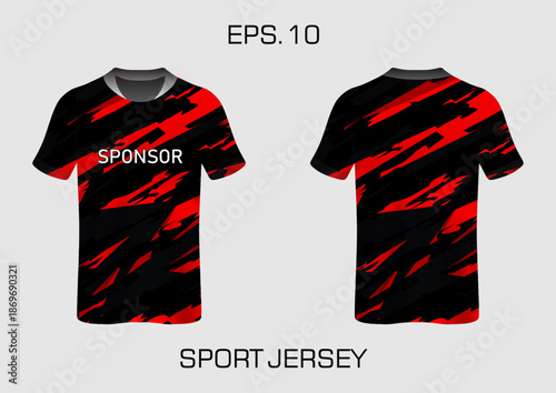 Dynamic Red and Black Sport Jersey Design Featuring Bold Brush Stroke Pattern