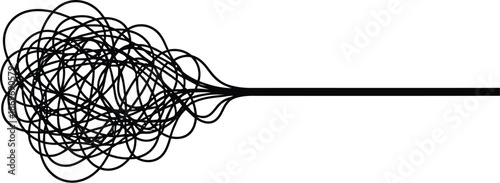 A black and white illustration of a tangled mess of lines with a single straight line extending from it