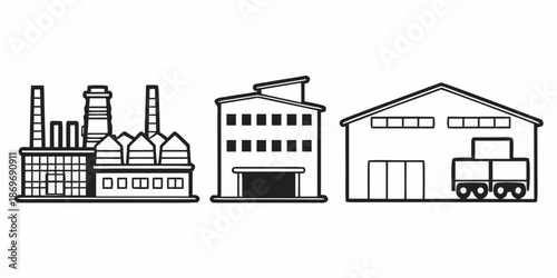 Industrial buildings and facilities in a line drawing style illustration