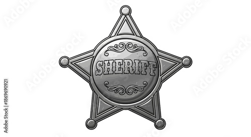 Detailed illustration of a silver sheriff badge with ornate design and text on a white background for law enforcement or western themed projects