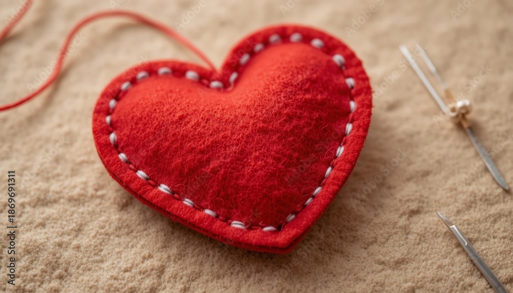 Fototapeta premium Bright red felt heart ornament with white stitching rests on beige textured surface near sewing needles