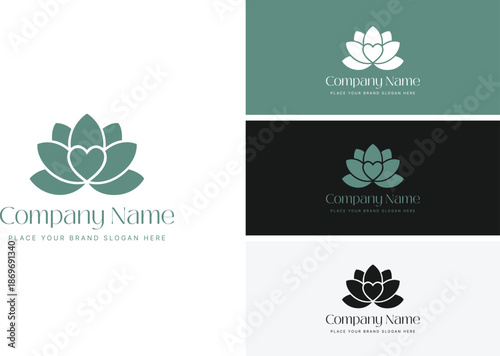 Solid lotus flower with heart shape design, green wellness and spa branding vector logo template