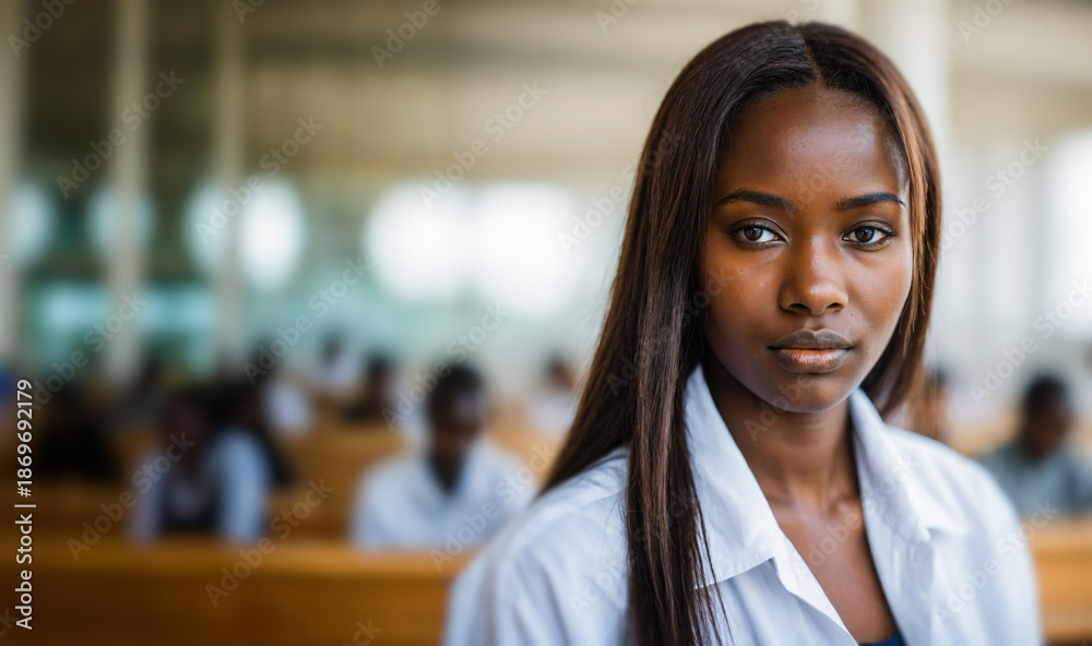 Fototapeta premium selective-focus-blur of serious and worried young adult woman wearing a white shirt while sitting in a bright university lecture hall during an academic study session showing signs of stress.