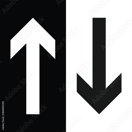 A white arrow points up on a black background next to a black arrow pointing down on a white background.