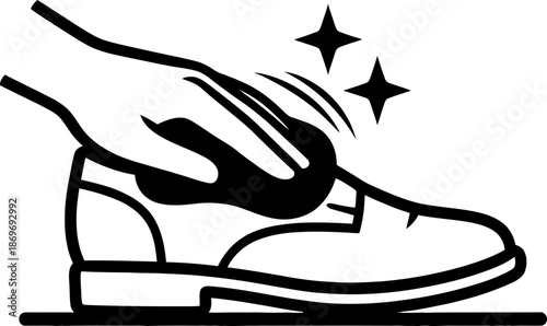 Hand polishing a shoe with a cloth and sparkling effect. Cleaning footwear hygiene. Vector illustration for service, instruction, product