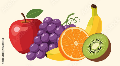 A vibrant colorful illustration of fresh fruit including a red apple grapes orange slice kiwi and banana on a plain background perfect for healthy eating and nutrition