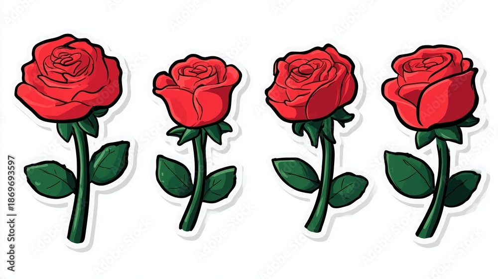 Obraz premium Four Red Rose Stem Sticker Icons Horizontal Row Flat Vector Stickers