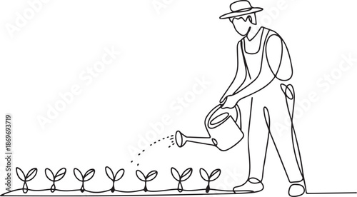young male farmer water the plants using a watering can. Farmer planting activities minimalism concept.one line  vector illustration  with out background