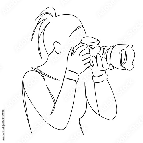 One continuous single drawing line art flat doodle photo, girl, young, woman, camera, photographer, photography. Isolated image hand draw contour on a white background
