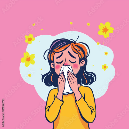 Vsai girl experiencing spring allergy symptoms sneezing due to pollen
