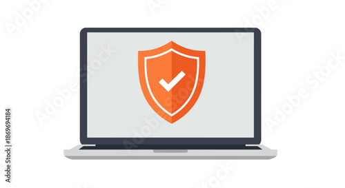 Laptop with Orange Security Shield and Checkmark Icon for Cybersecurity and Data Protection Concept