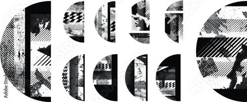 Textured semi circles vector set. Glitched social media templates . Trendy half circle shapes . Glitched frame .Grunge textured. Distressed effect. Shapes with a halftone dots screen print texture.
