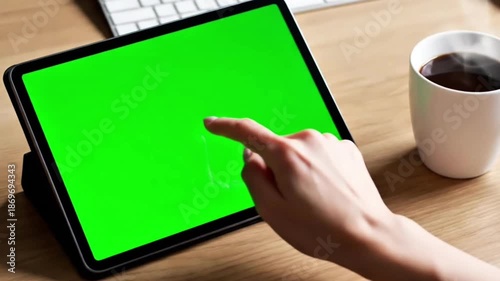Top view of a person using a tablet with green screen on a wooden desk with steaming coffee. Technology mockup for app and website presentation