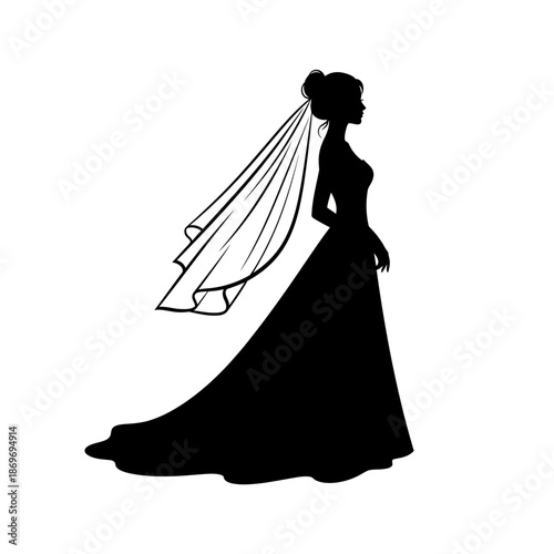 Elegant silhouette of a bride in a flowing wedding gown and veil standing poised on a white background for design and decoration with dress and elegance