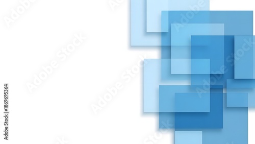 A collection of blue squares overlapping on the right side of a plain surface, viewed from directly above, showcasing varying shades and transparency.