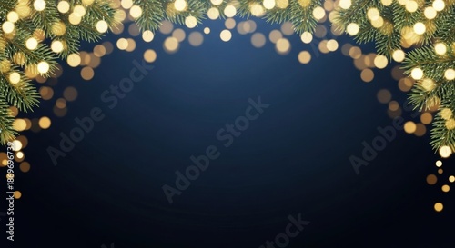 Christmas tree branches with golden lights against a dark blue background.