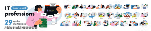 IT professions set. Software development, web design, programming, marketing. Information technology business. People work on internet. Flat graphic vector illustrations isolated on white background.