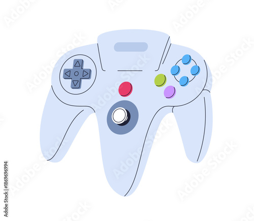 Game controller, video game accessory. Gamepad, 00s videogame console for playing, gaming. Digital device with control buttons of 2000s. Flat vector illustration isolated on white background.