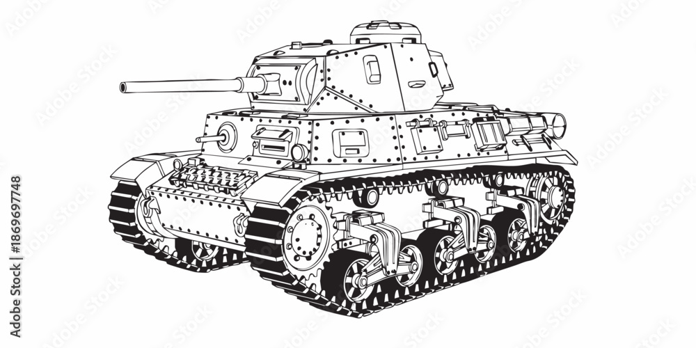 Obraz premium Realistic armored tank outline drawing, military tracked vehicle line art, black and white technical illustration, Modern battle tank vector illustration, armored military vehicle line art, monochrome