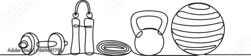 One line fitness gear. Continuous line sport inventory, dumbbells, jump rope, kettlebell, fitball. Vector monoline sport set.one line  vector illustration  with out background