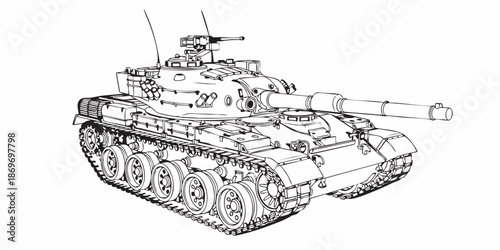 Realistic armored tank outline drawing, military tracked vehicle line art, black and white technical illustration, Modern battle tank vector illustration, armored military vehicle line art, monochrome