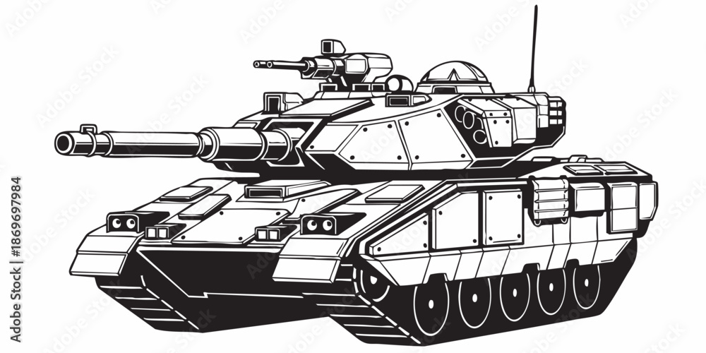Fototapeta premium Realistic armored tank outline drawing, military tracked vehicle line art, black and white technical illustration, Modern battle tank vector illustration, armored military vehicle line art, monochrome