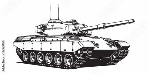 Realistic armored tank outline drawing, military tracked vehicle line art, black and white technical illustration, Modern battle tank vector illustration, armored military vehicle line art, monochrome
